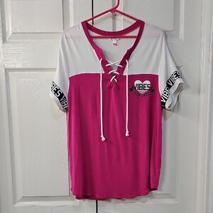 NWOT Juniors No Boundaries Pink White Tee VIBES Drawstring Crisscross 15-17 XL